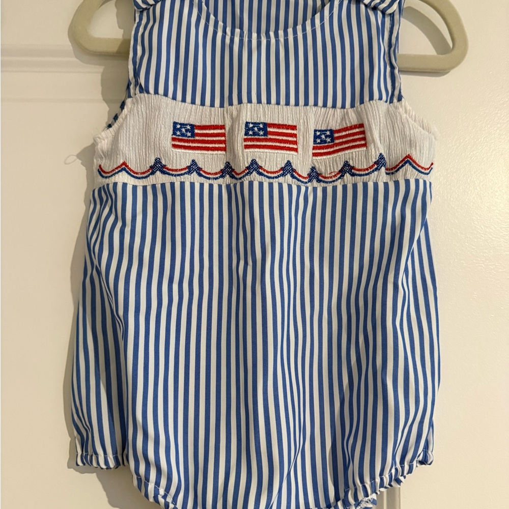Boys Blue & White Striped Patriotic Smocked romper
